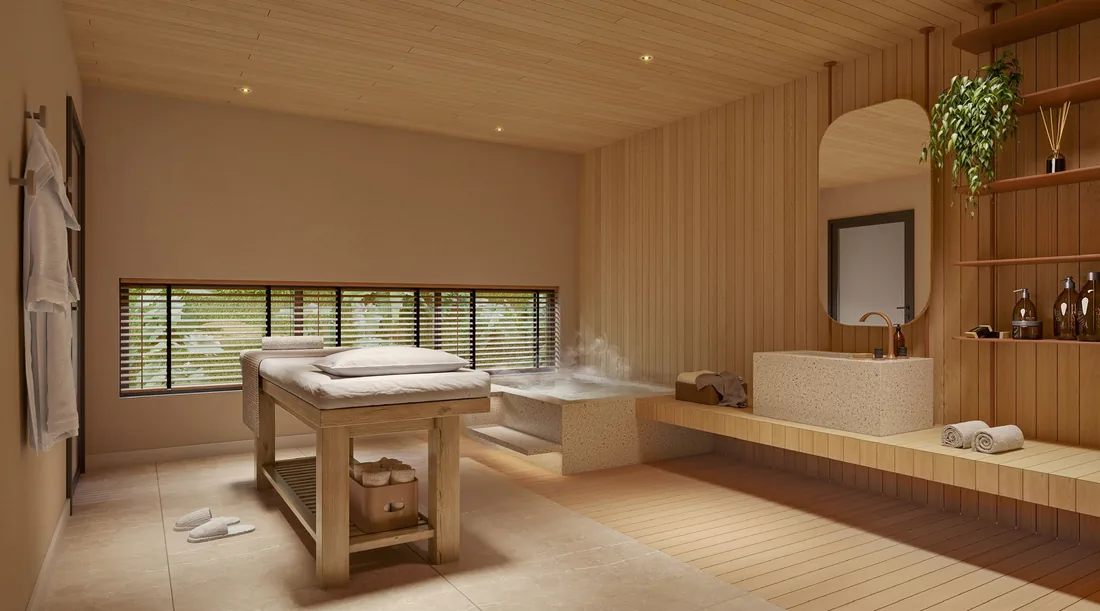 Sala de spa com maca e banheira